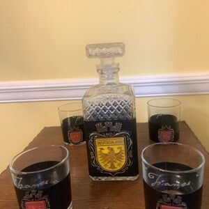 Deutschland Leather Lead Crystal Glass Decanter Set with Four Matching Glasses